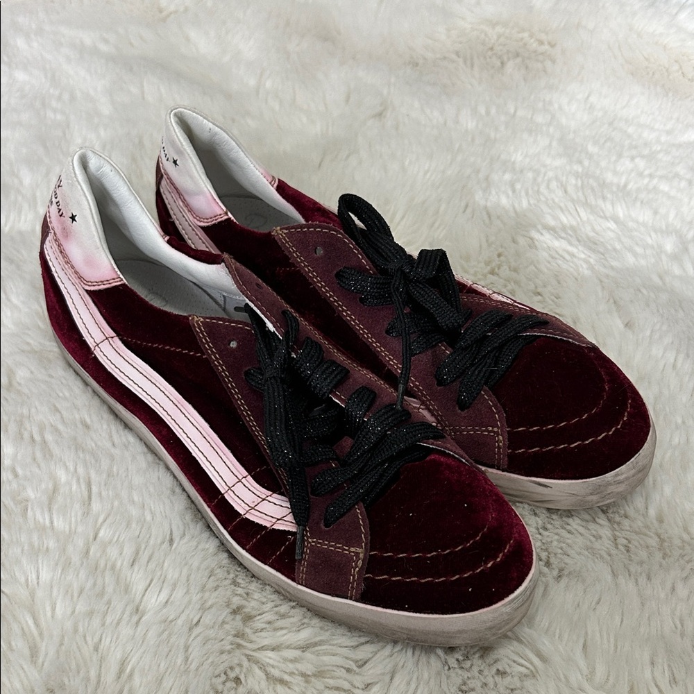 Primabase Burgundy Velvet Lace Up Low Top Sneakers